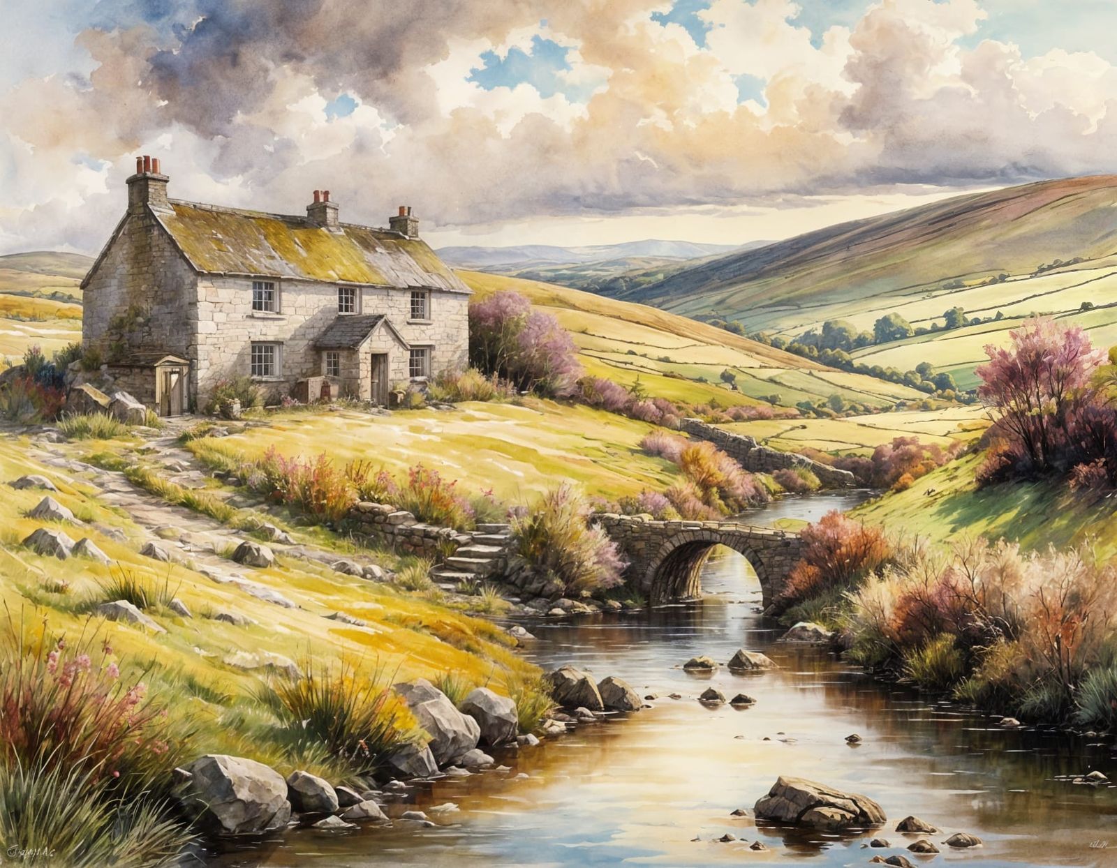 Welsh Moor Landscape with Heather and Stone House