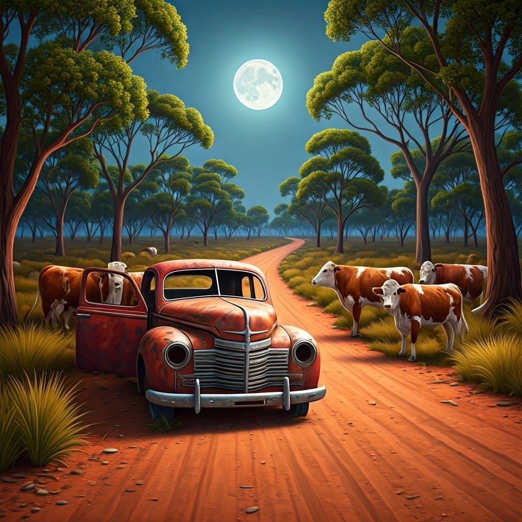 Australian Bush Landscape Under Full Moon