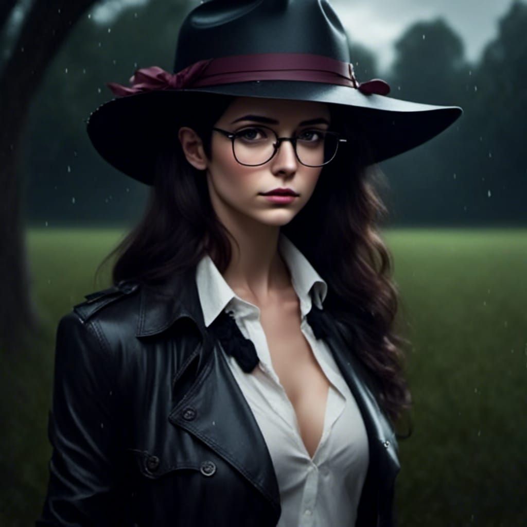 Woman in Fedora Stands in Stormy Backyard