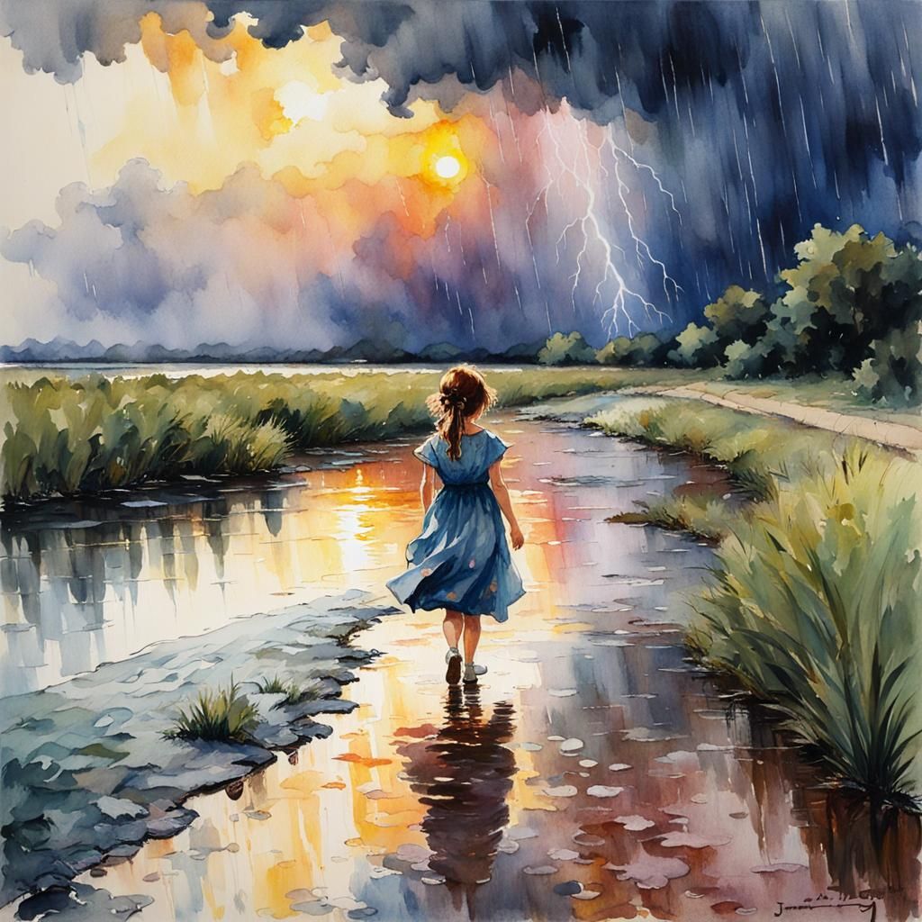 Girl Walks in Rainstorm: Watercolor Oil Painting