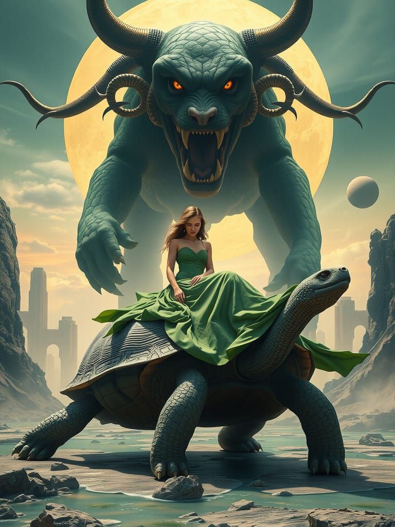 Woman on Turtle with Demonic Dog in Fantasy Landscape