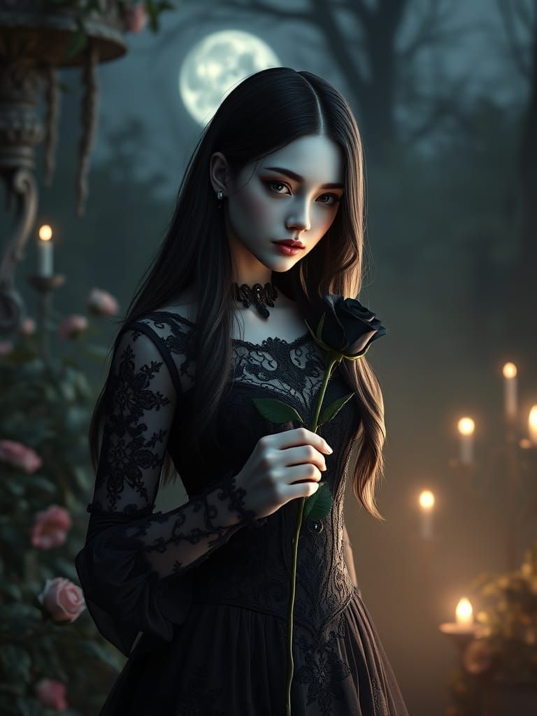 Rococo Goth Portrait of Woman in Moonlight