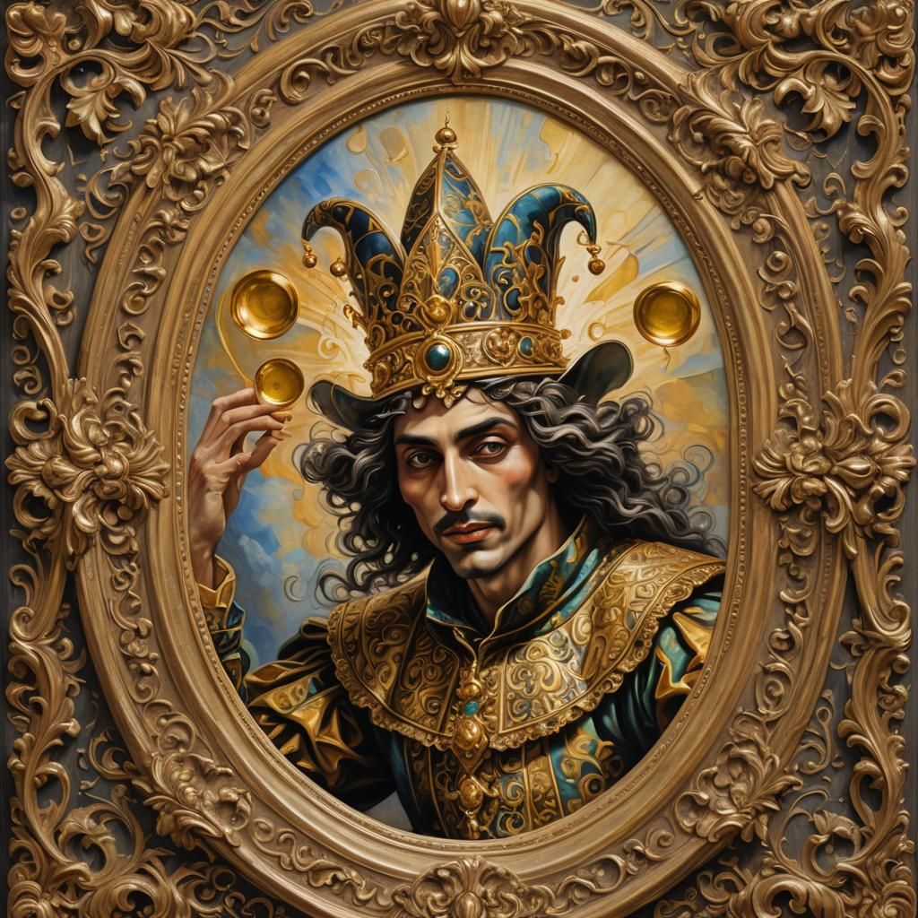Court Jester Juggling Gold Plates: Baroque Oil Painting