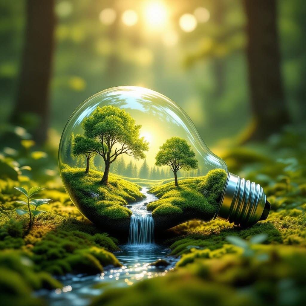 Giant Light Bulb Houses Nature Scene in Forest