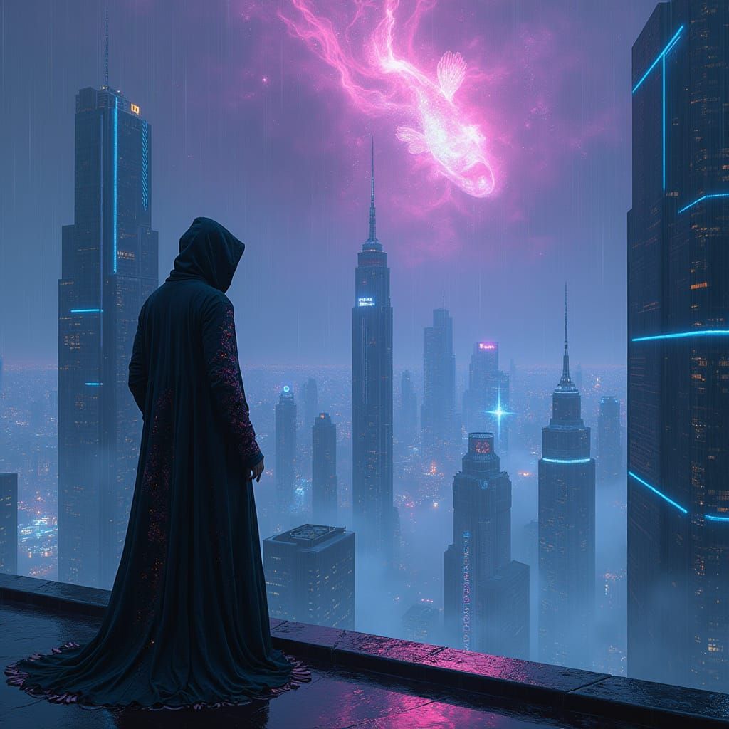 Cyberpunk Cityscape at Midnight, Swirling with Bioluminescen...