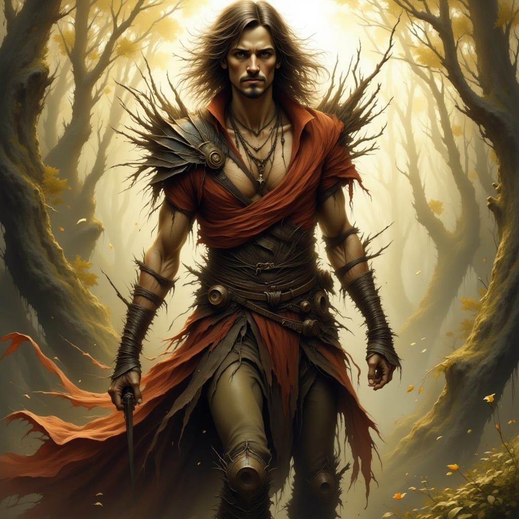 Rugged Fantasy Adventurer in Charcoal-Inspired Digital Paint...