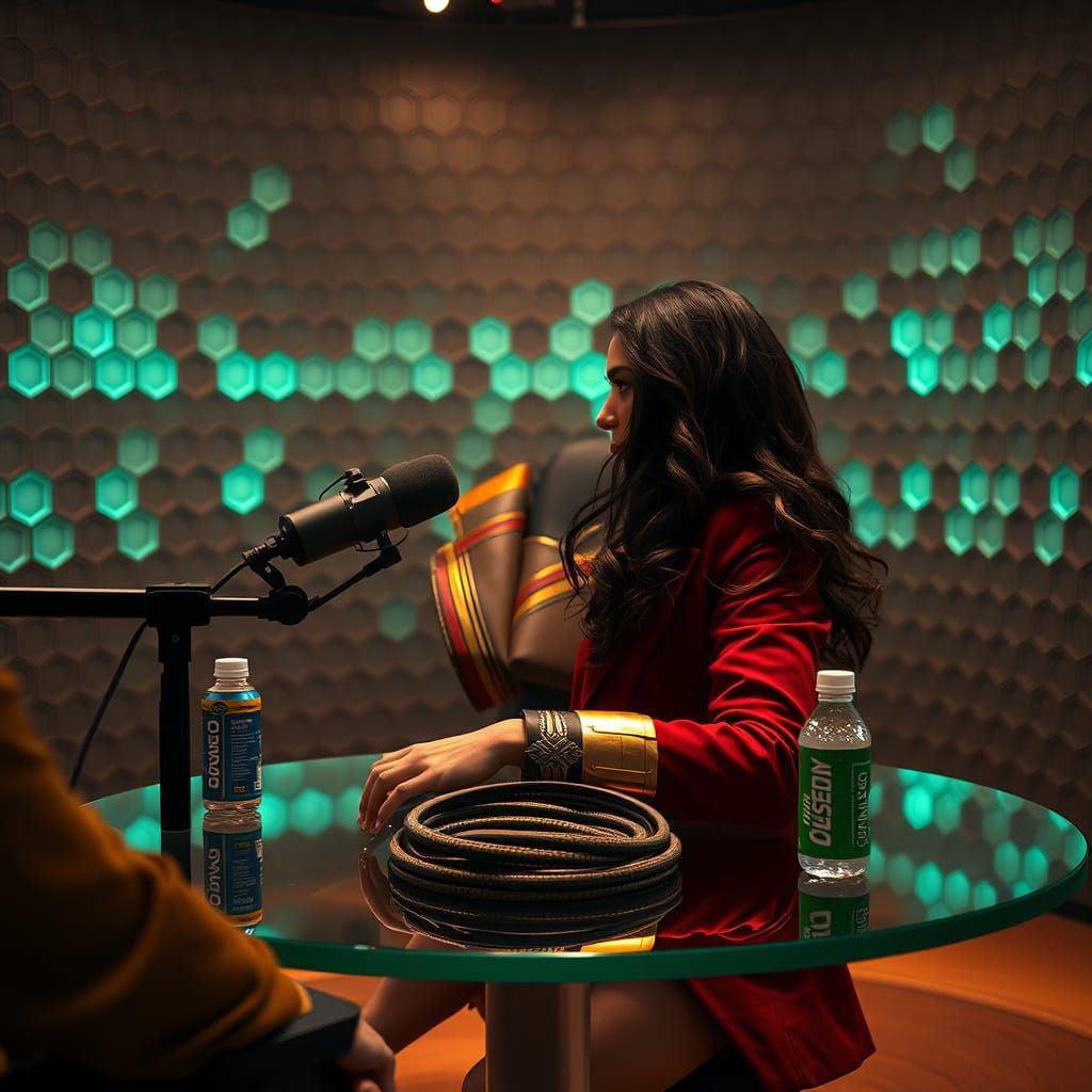 Wonder Woman in a Futuristic Podcast Studio