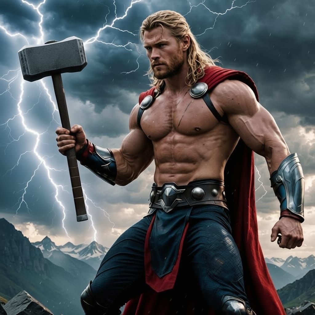 Muscular Thor Wields Hammer Amidst Mountain Lightning Storm