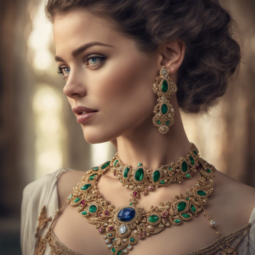 Brunette Woman in Intricate Gold and Gemstone Necklace