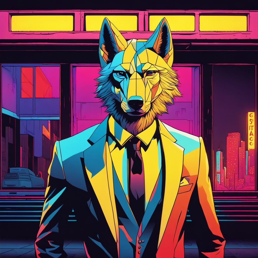 Wolf-Headed Man in Suit Outside Neon Bar as Pop Art