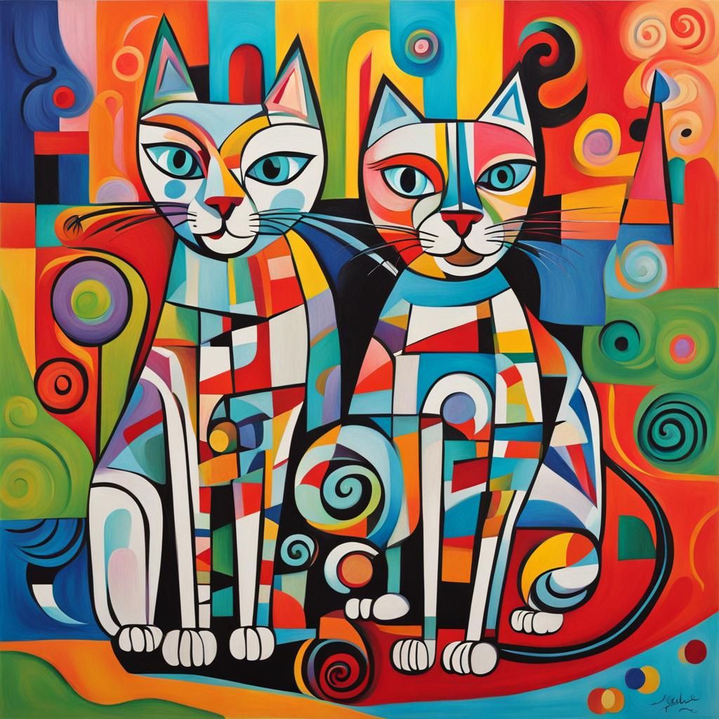 Cubist Cats Playing in a Colorful Candyland
