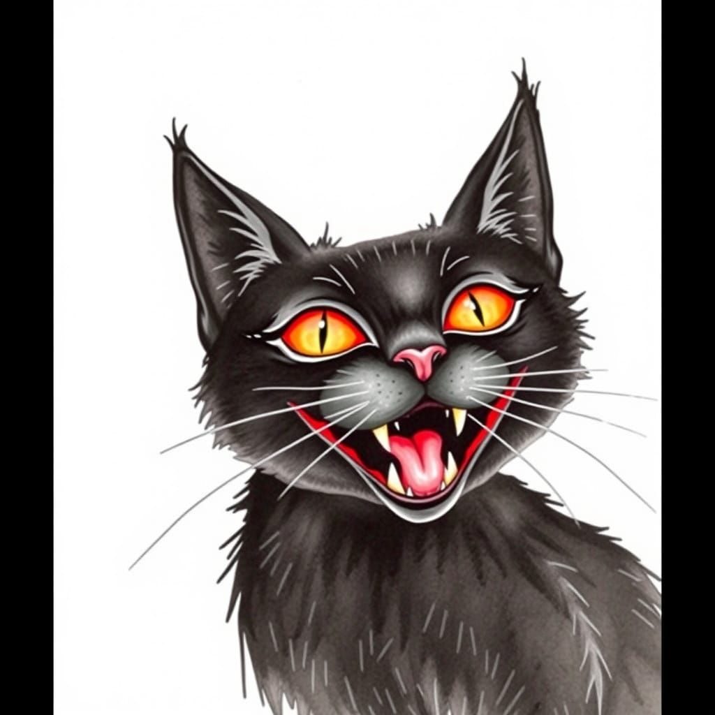Retro Halloween Black Cat Watercolor Illustration
