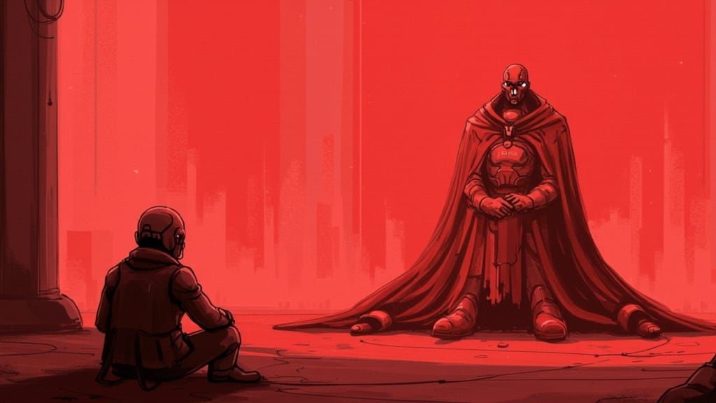 Red Prince on Throne in Sepia Ink-Punk Style