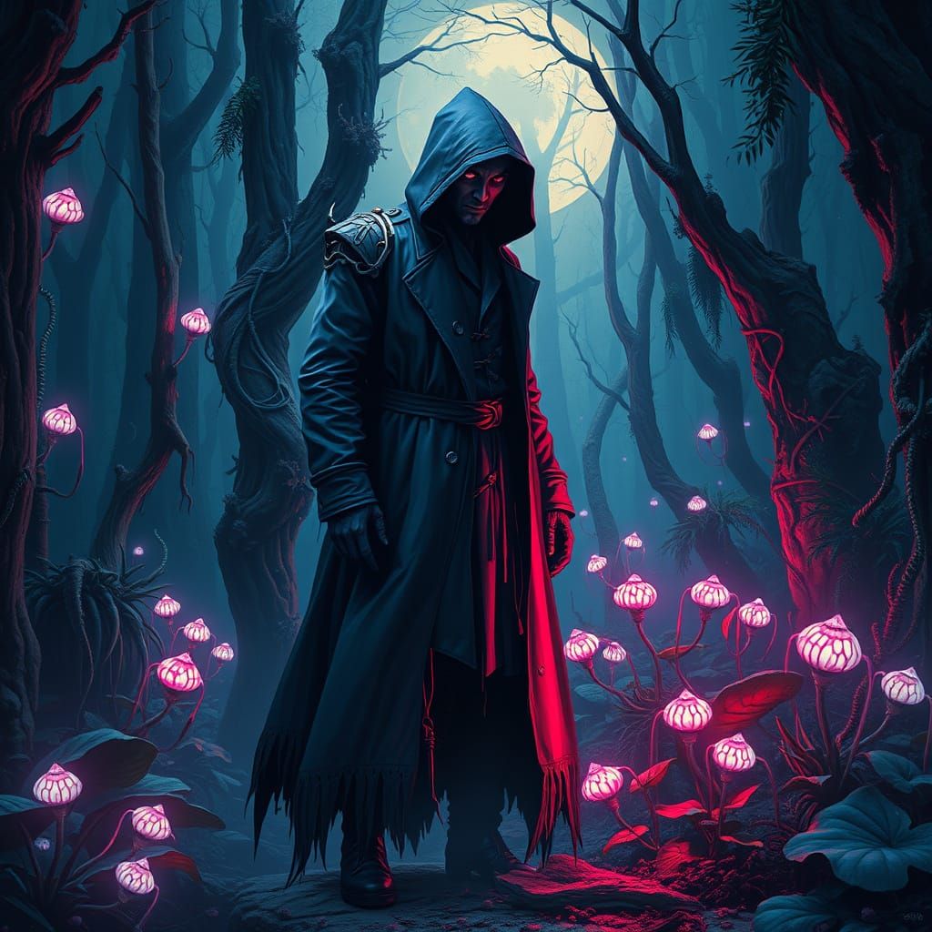 Mystical Figure in Bioluminescent Forest