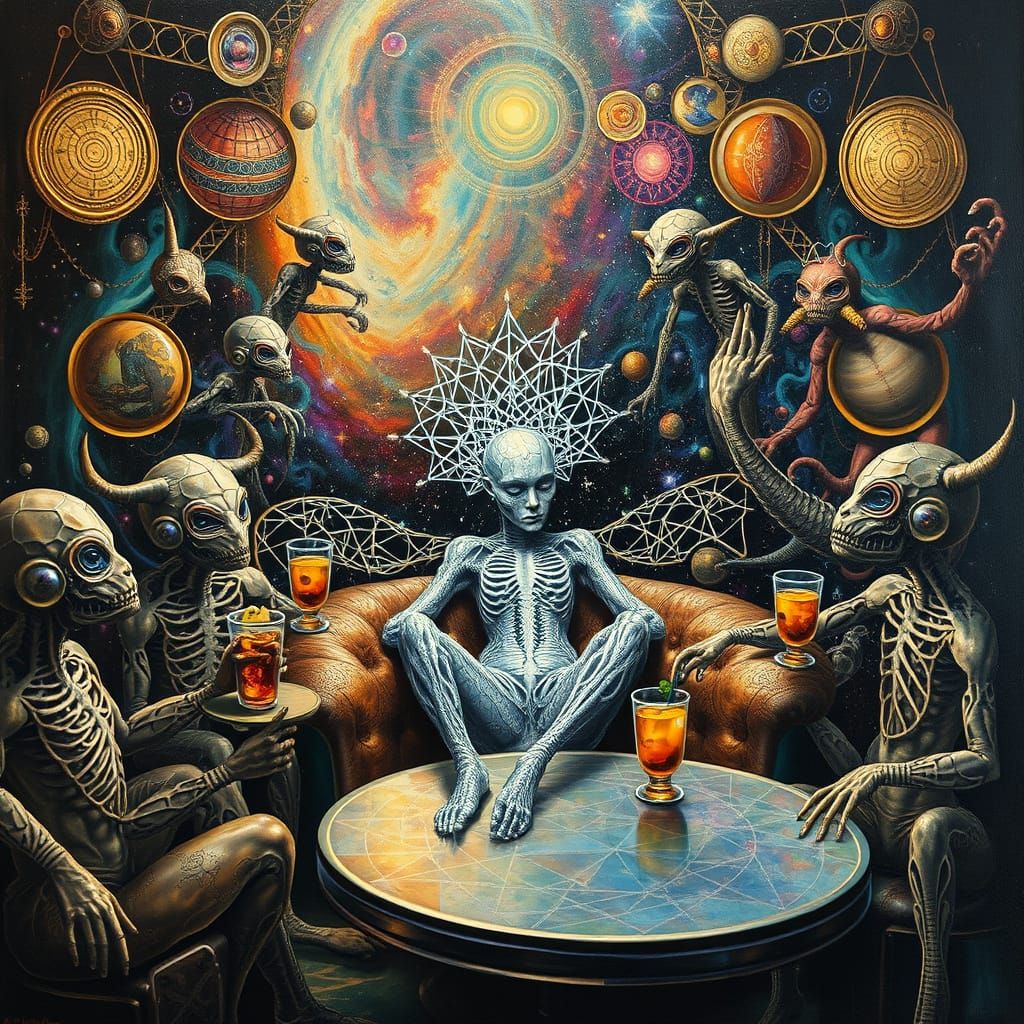 Ethereal Being in Galactic Café, Sacred Geometry Art