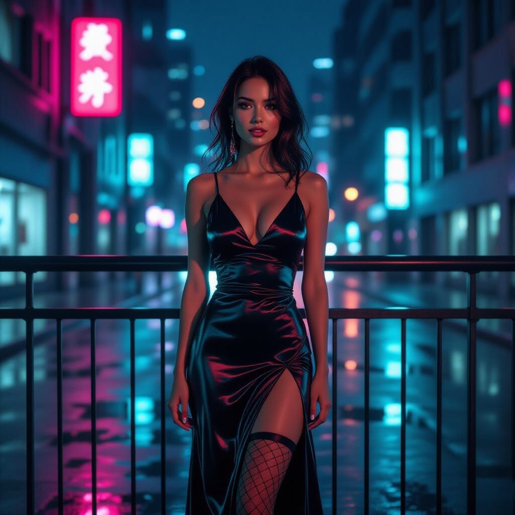 Woman on Balcony with Neon Reflections in Cyberpunk Style