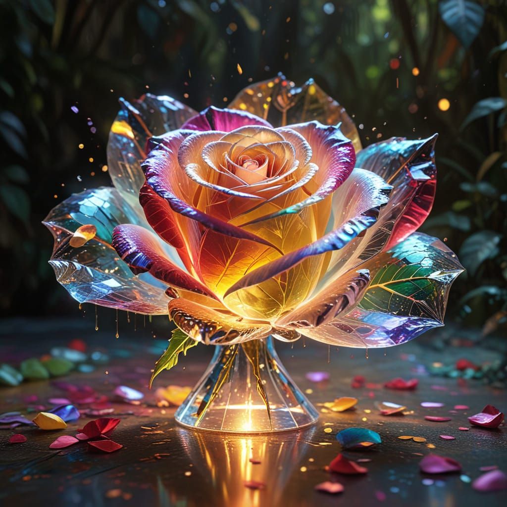 Glass Rose in Jungle with Refracted Rainbow Light