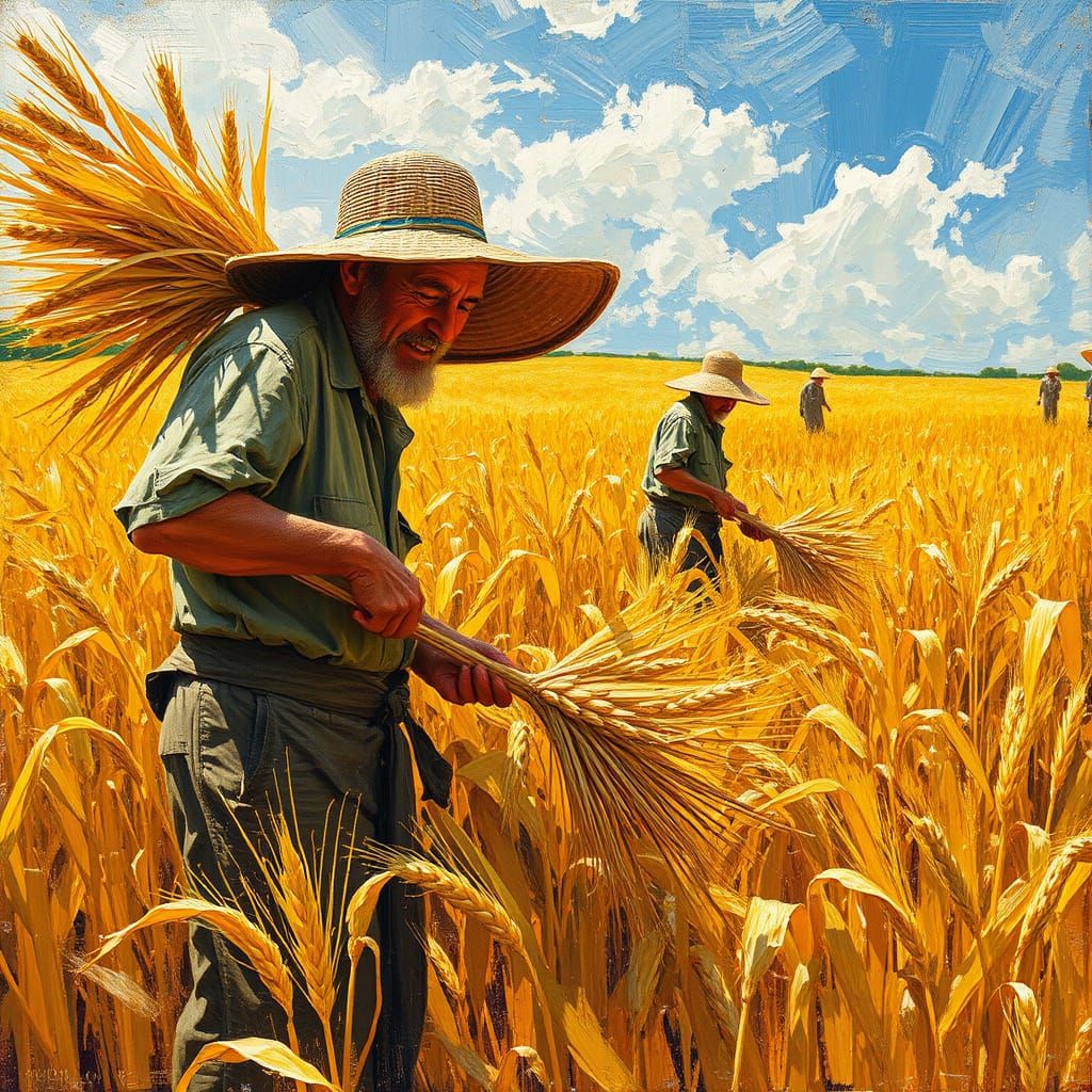 Impressionist Harvest Scene with Bold Brushstrokes and Warm ...