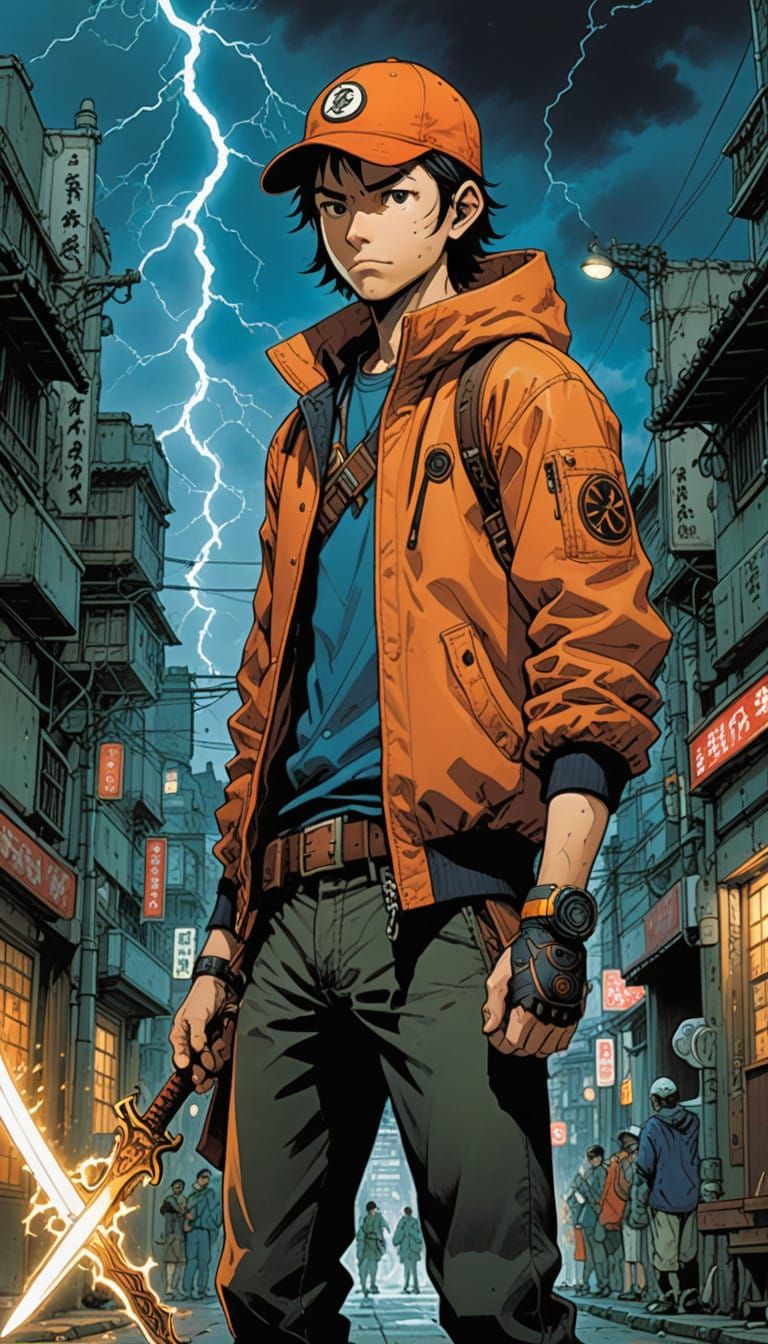 Vibrant Adventurer Stands with Thunder Sword in Dynamic Comi...