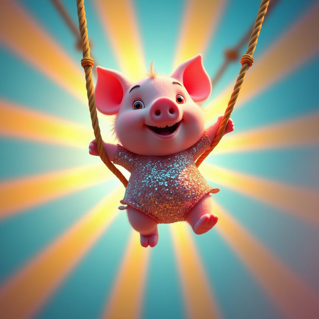 Cartoon Pig on Circus Trapeze in Disney Style
