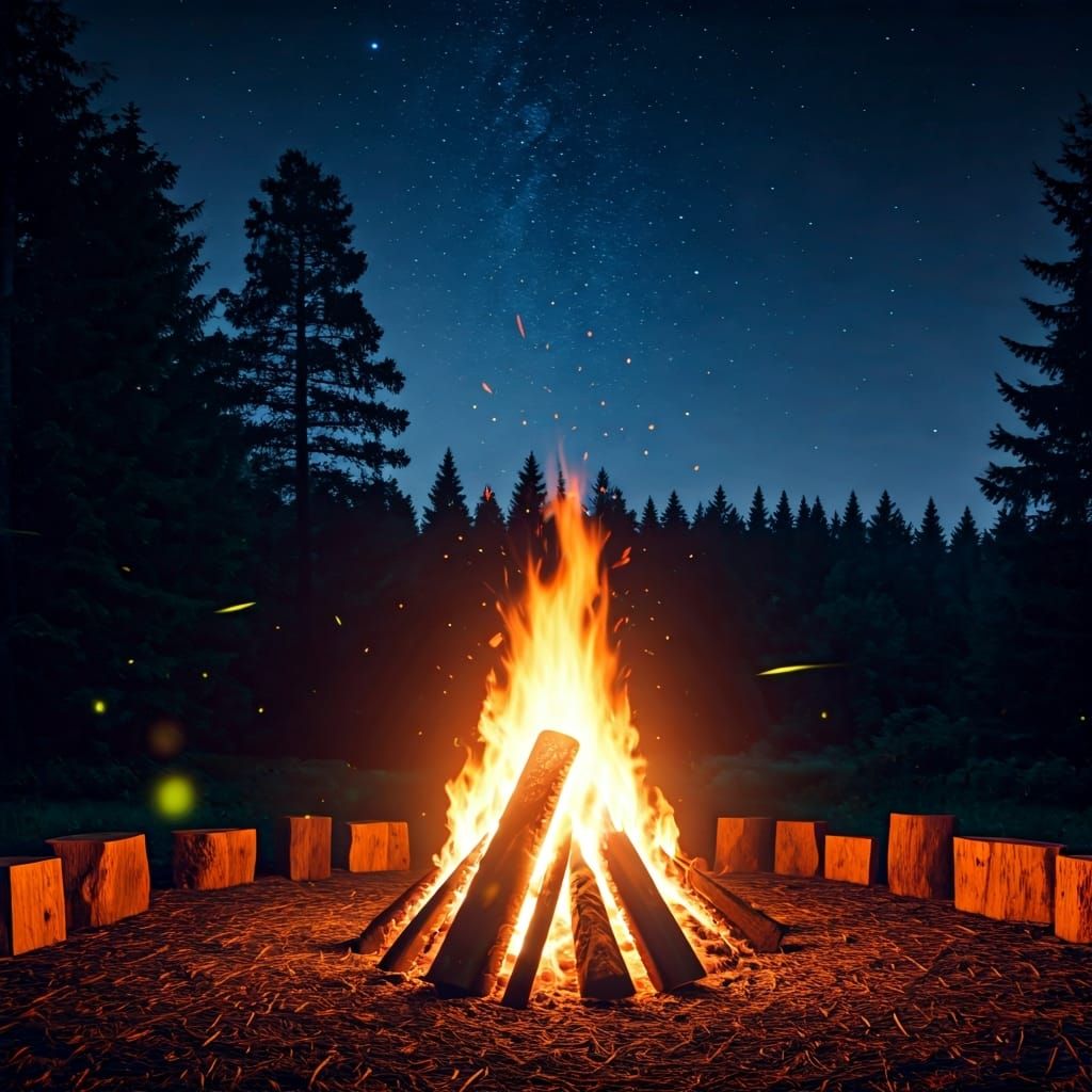 Summer Campfire Under Starry Sky at Night