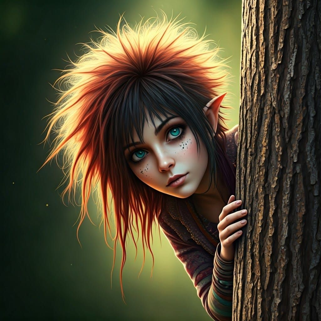 Whimsical Fairy Peeking Around Tree