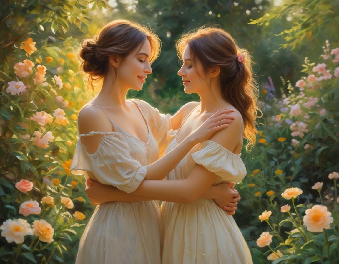 Golden Light Portrait of Women Embracing as Impressionist Oi...