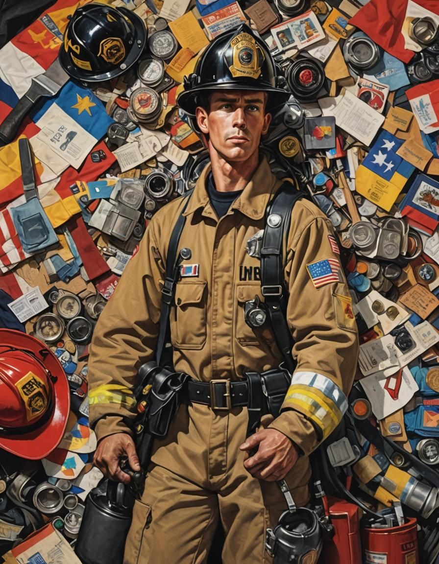 Art by Norman Rockwell, Tom of Finland, depicting a firefighter in full gear, LGBTQ+ Pride flag patch prominently displa...