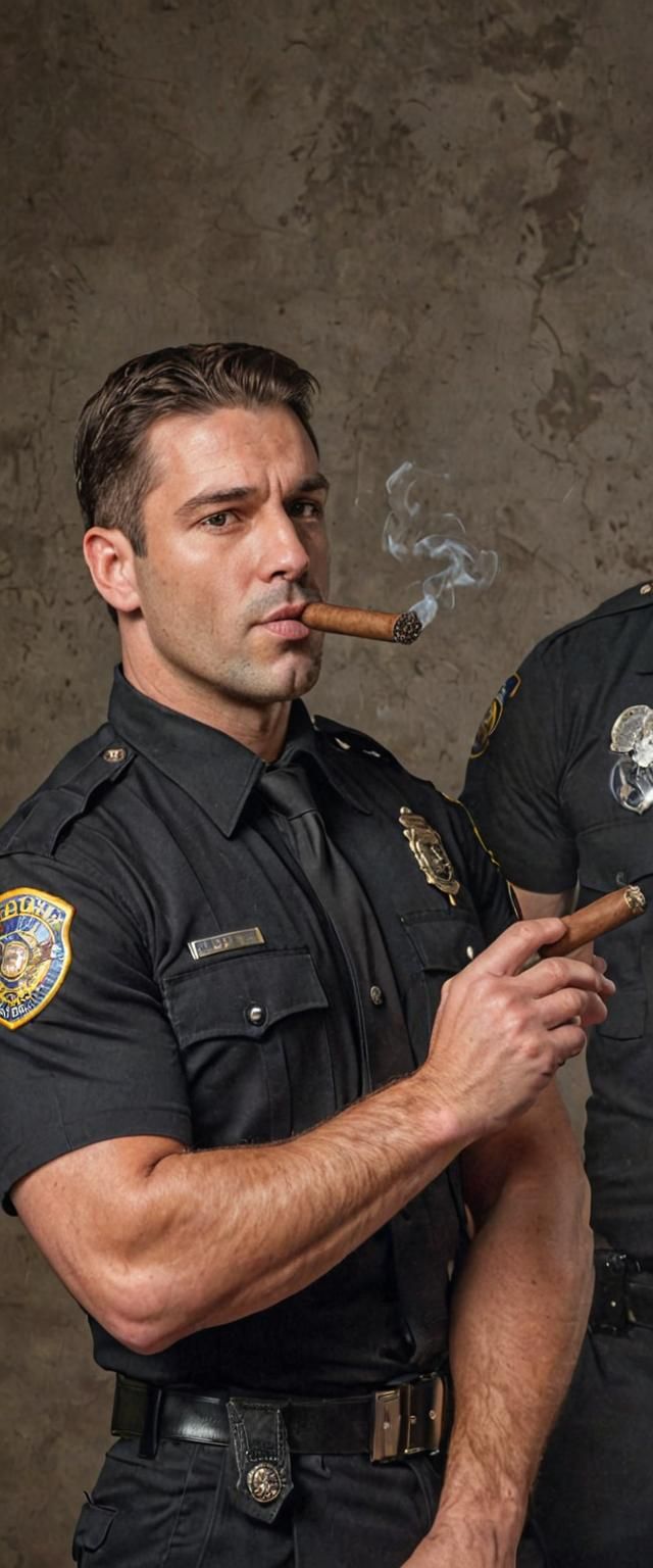 Muscular Cop with Cigar in Black Uniform