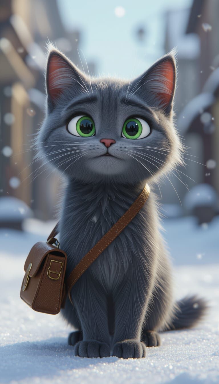 Gray Cat Traveler in 3D Disney Pixar Style