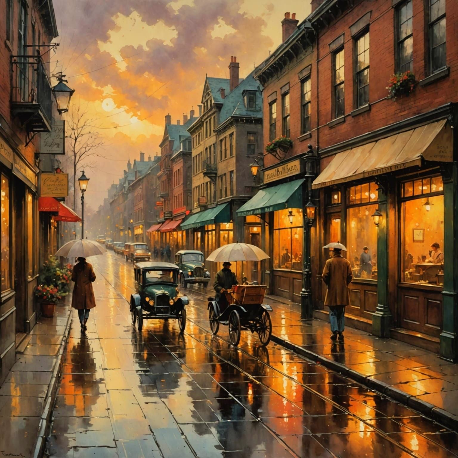 Romantic City Street at Sunset in Warm Golden Light