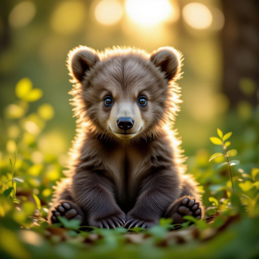 Adorable Baby Bear Cub in Sunlit Forest Clearing