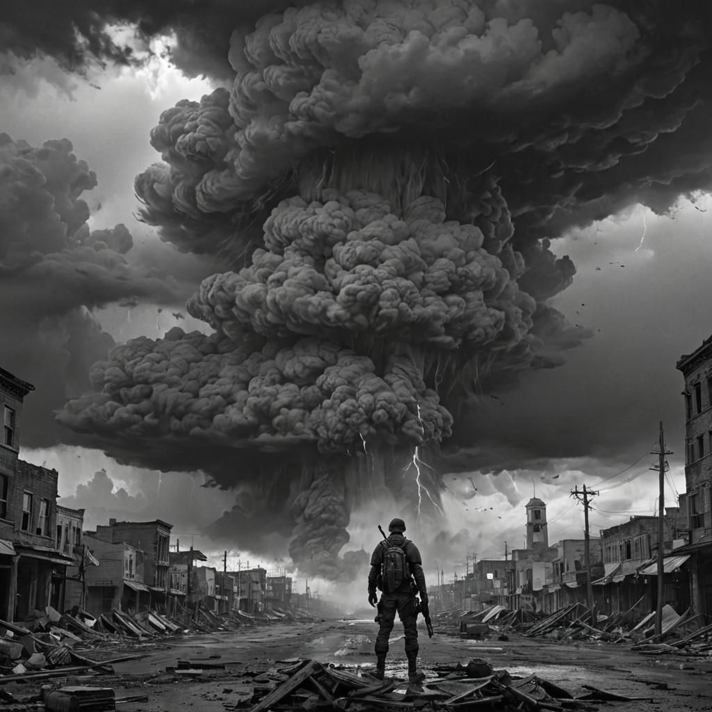 Desolate Soldier in War-Torn Cityscape