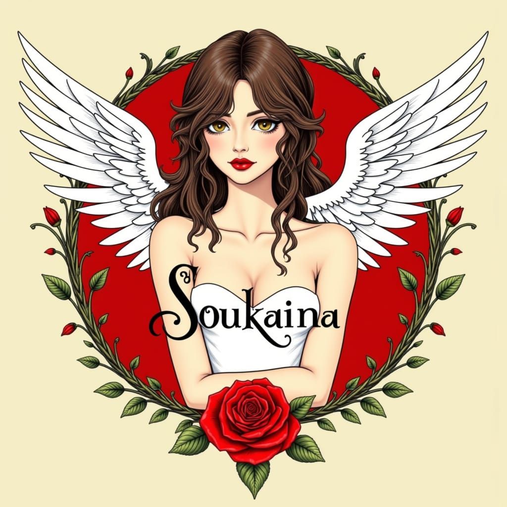 Glamorous Brunette Angel with White Wings