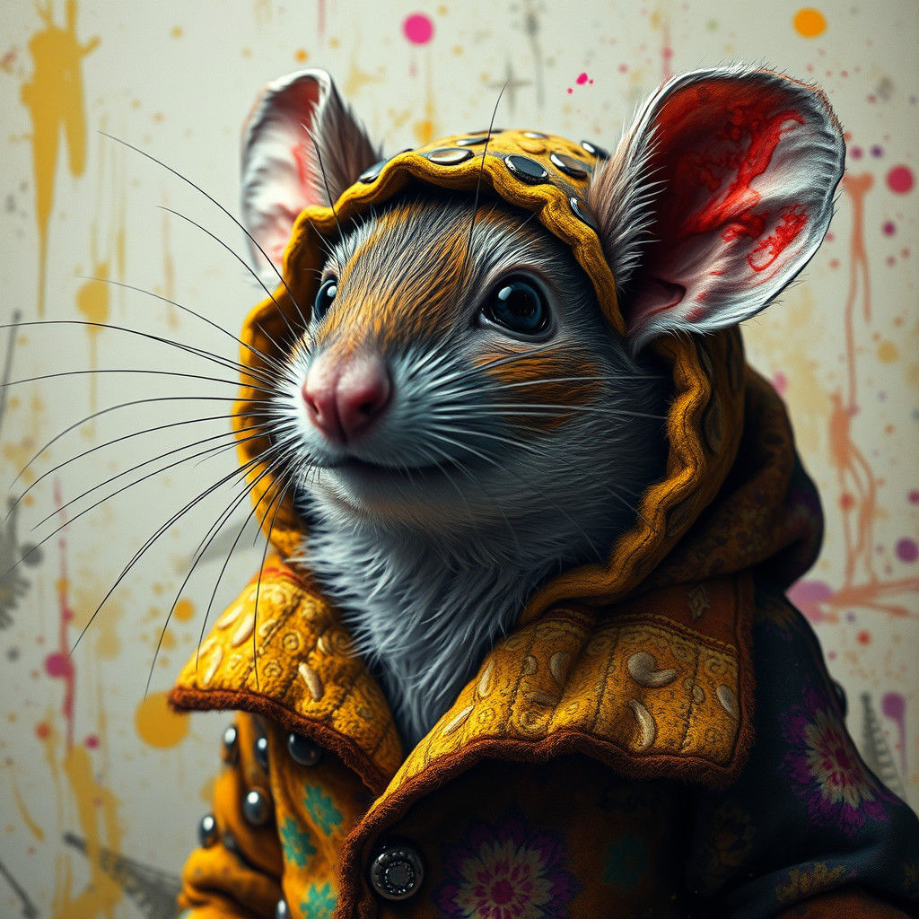 Mouse in Coat: Ink Splatter Art, Psychedelic Style