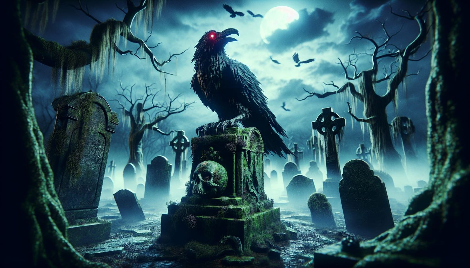 Horror Scene: Raven in Graveyard with Cinematic Effect