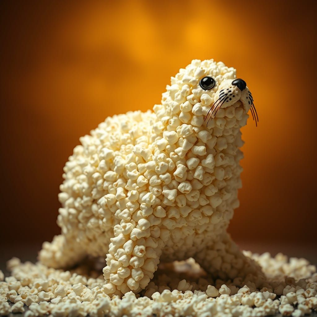 Cinematic Popcorn Seal Sculpture in Warm Golden Light