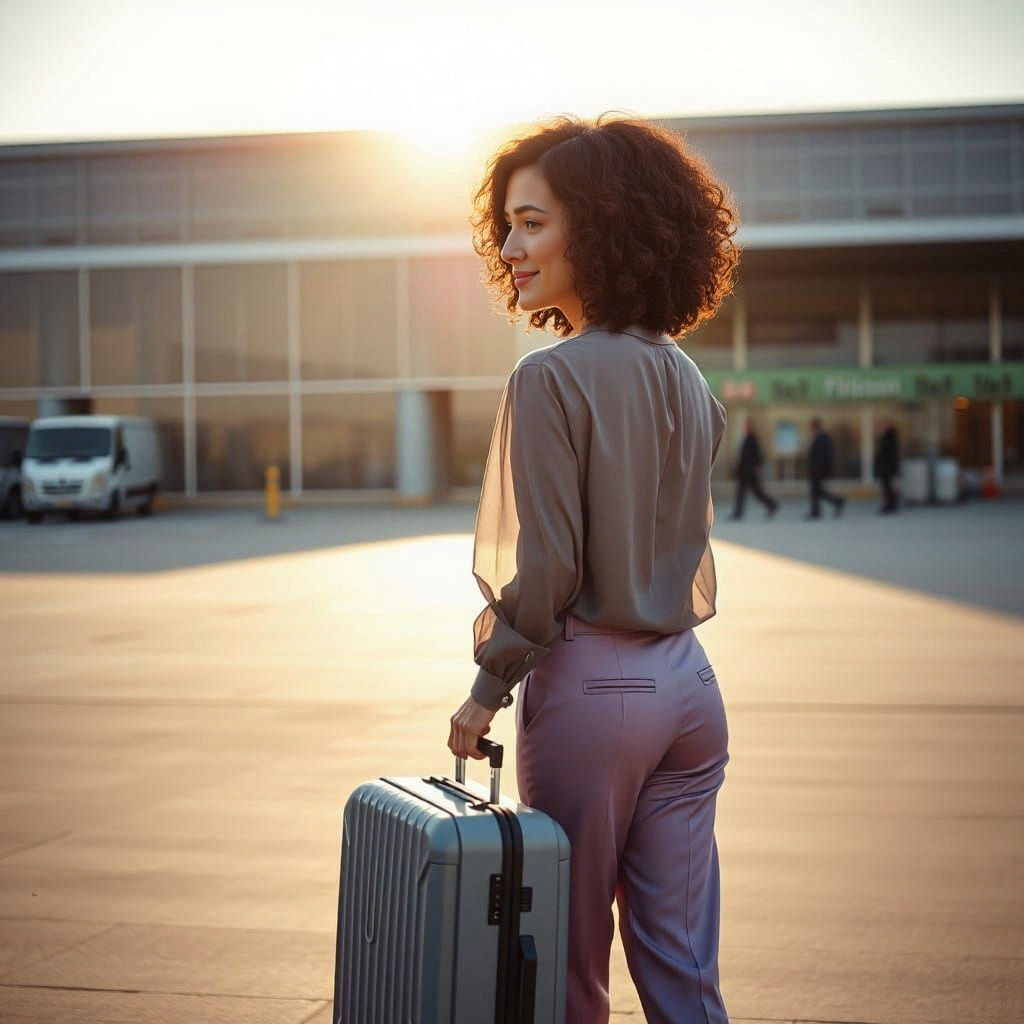 Asian Woman Boards Plane on Sunny Tarmac