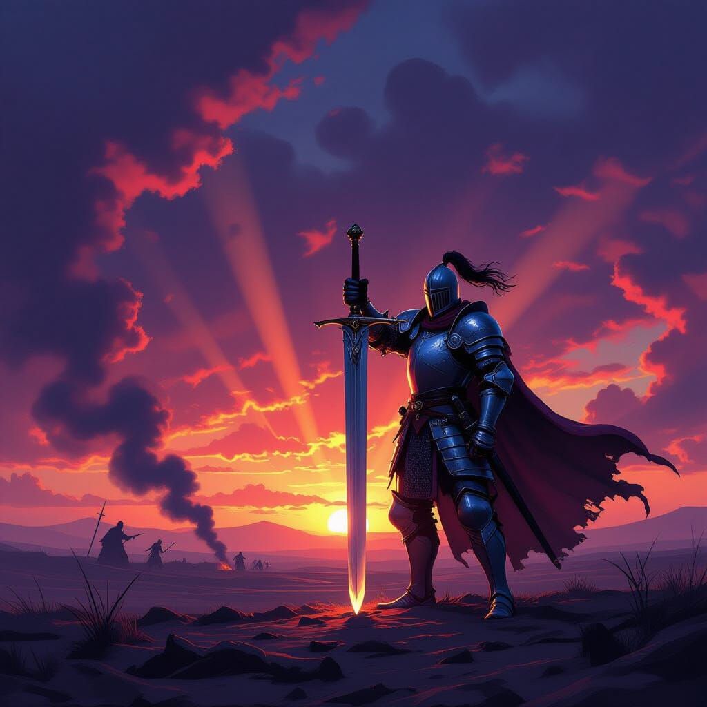Knight in Shining Armor on Battlefield at Dawn