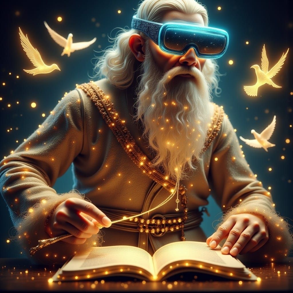 Scholar in Augmented Reality Surrounded by Holograms