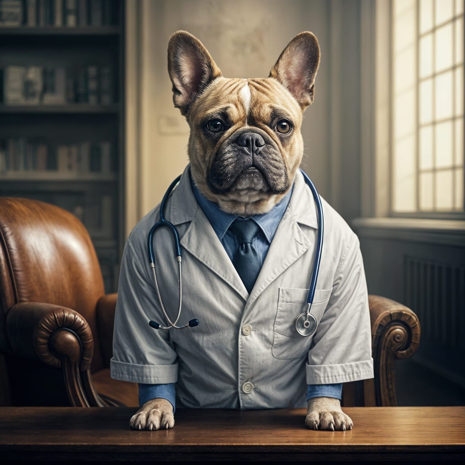 French Bulldog Doctor in Dreamlike Office