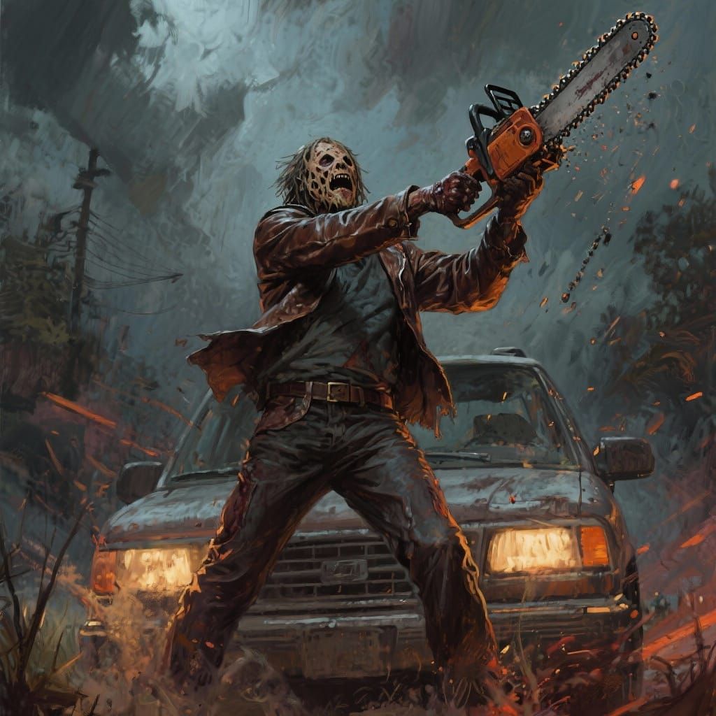 Leatherface Holding Chainsaw in Epic Oil Painting Style
