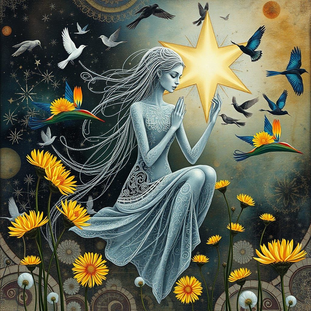 Ethereal Star Being Amidst Vibrant Dandelions and Ethereal C...