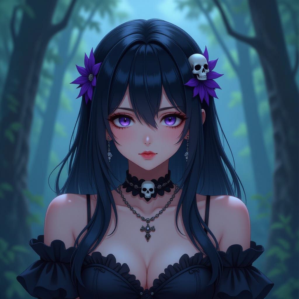 Anime Skull Girl in Creepy Forest: Digital Art