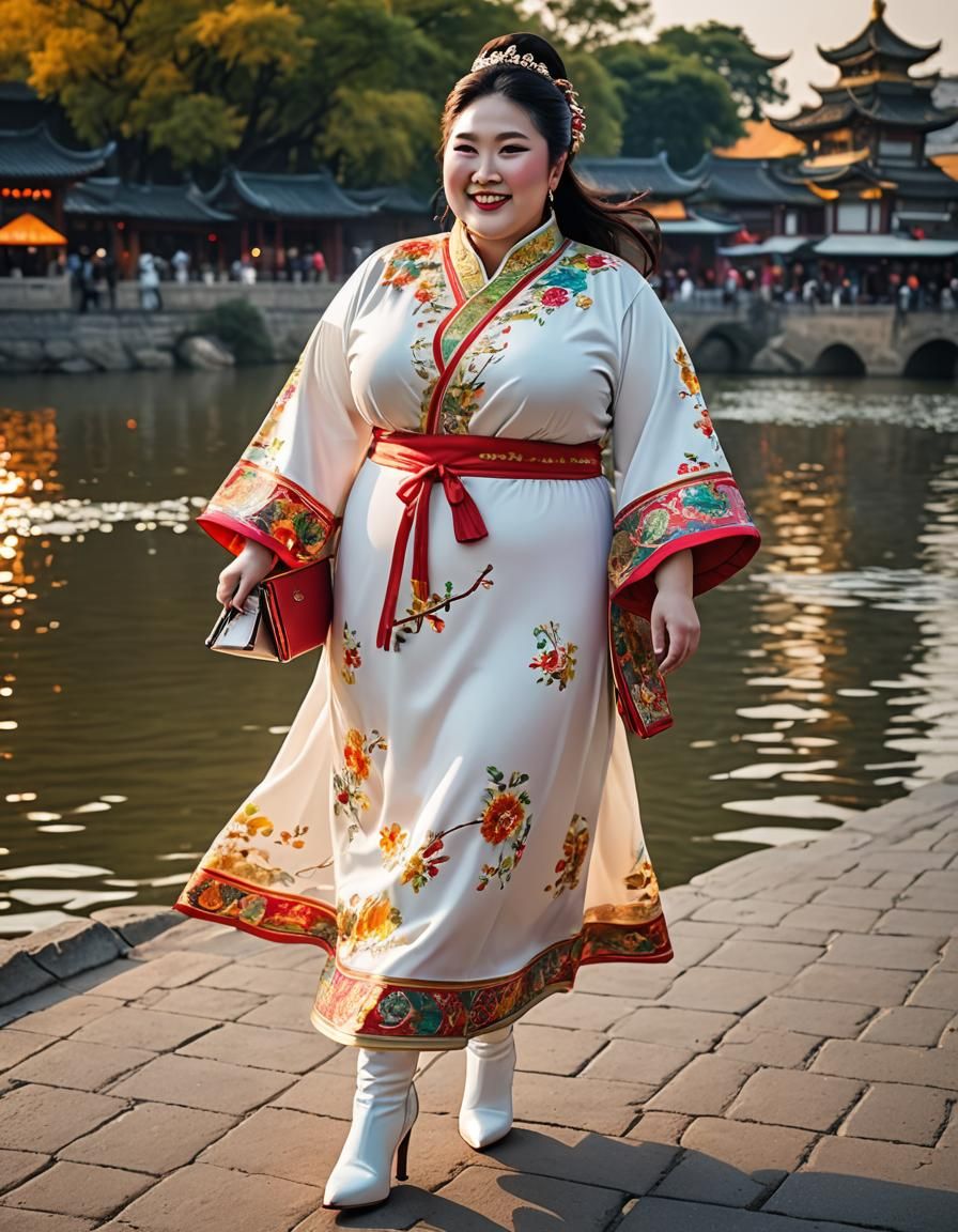 Chinese Woman Walking Riverside: Pop Art Portrait