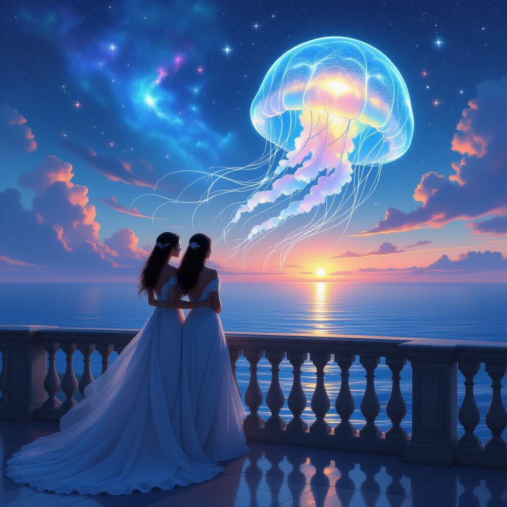 Women Embrace on Balcony Overlooking Mystical Ocean with Bio...