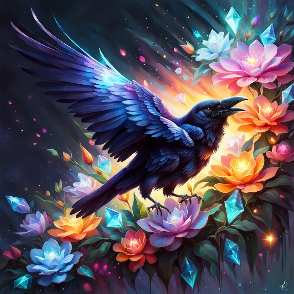 Raven with Magical Crystal Flowers: Hyperrealistic Art
