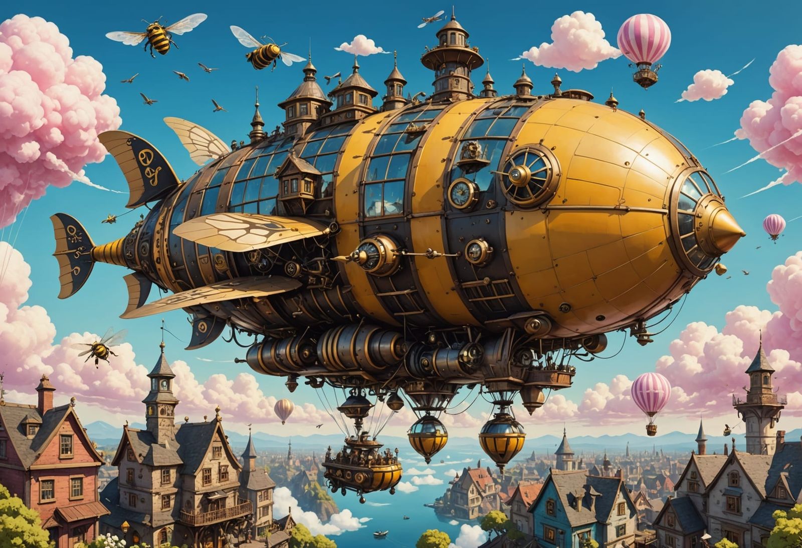 Steampunk Bumblebee Airship Soaring Through Cotton Candy Ski...