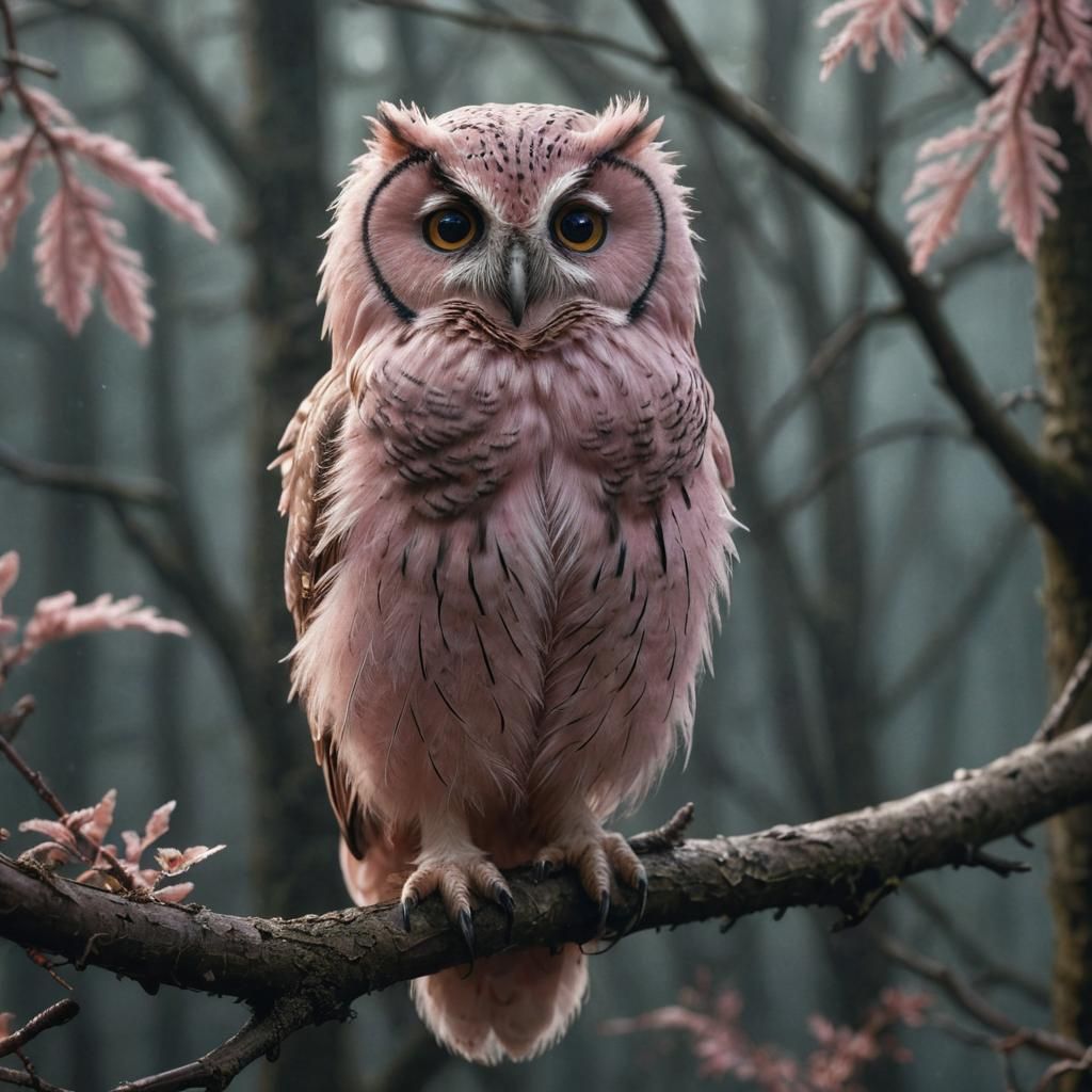 Pink Fluffy Owl in Misty Forest: HDR Macro