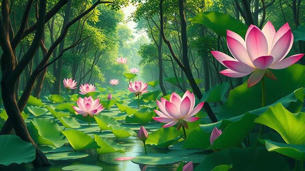 Giant Lotus Flowers in Mangrove Forest: Fantasy Art